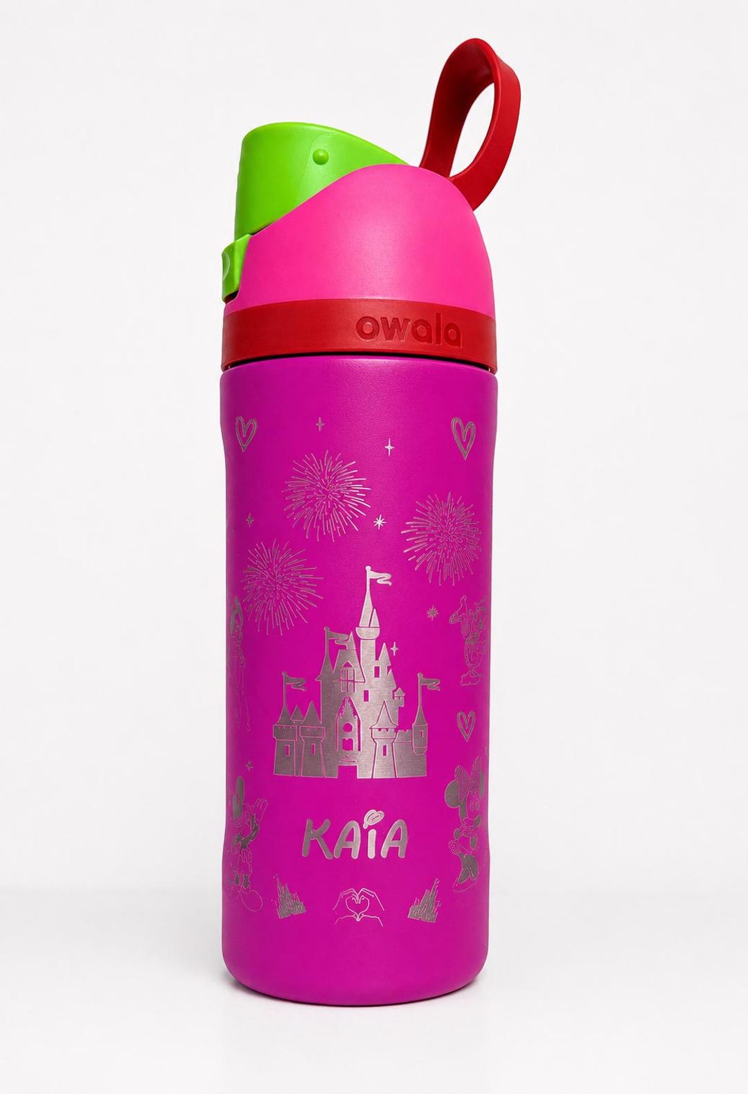 Personalized Engraved Kids Water Bottle 16oz | Custom Name Magical Castle & Fireworks | Princess Character Laser Engraved Bottle