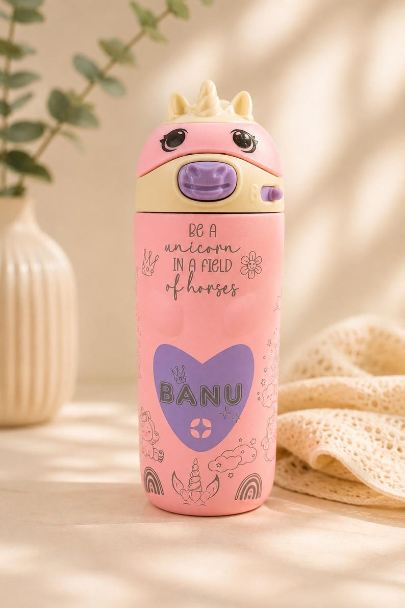 Personalized Unicorn Ello Kids Water Bottle, Custom Name Engraved Tumbler