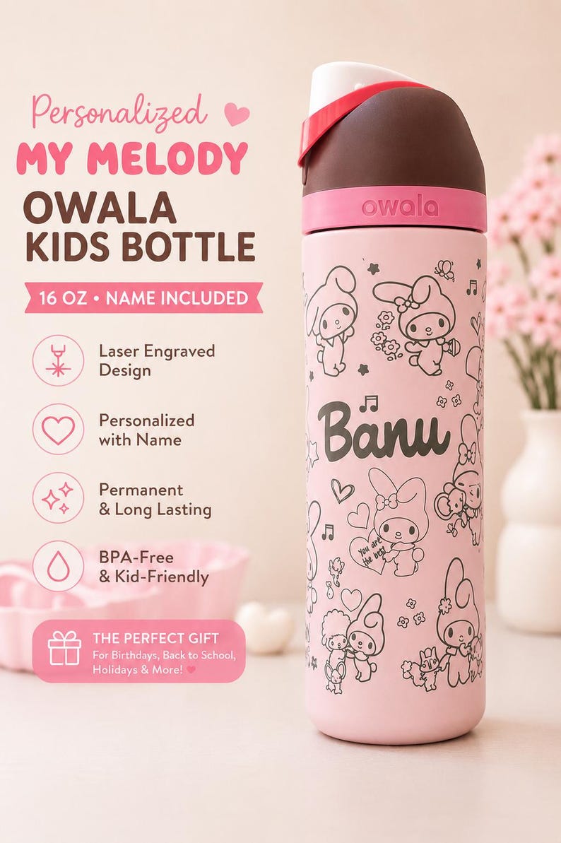 Personalized My Melody Owala Kids Bottle 16 oz | Engraved Owala Water Bottle | Custom Name Bottle | Back to School Gift for Girls