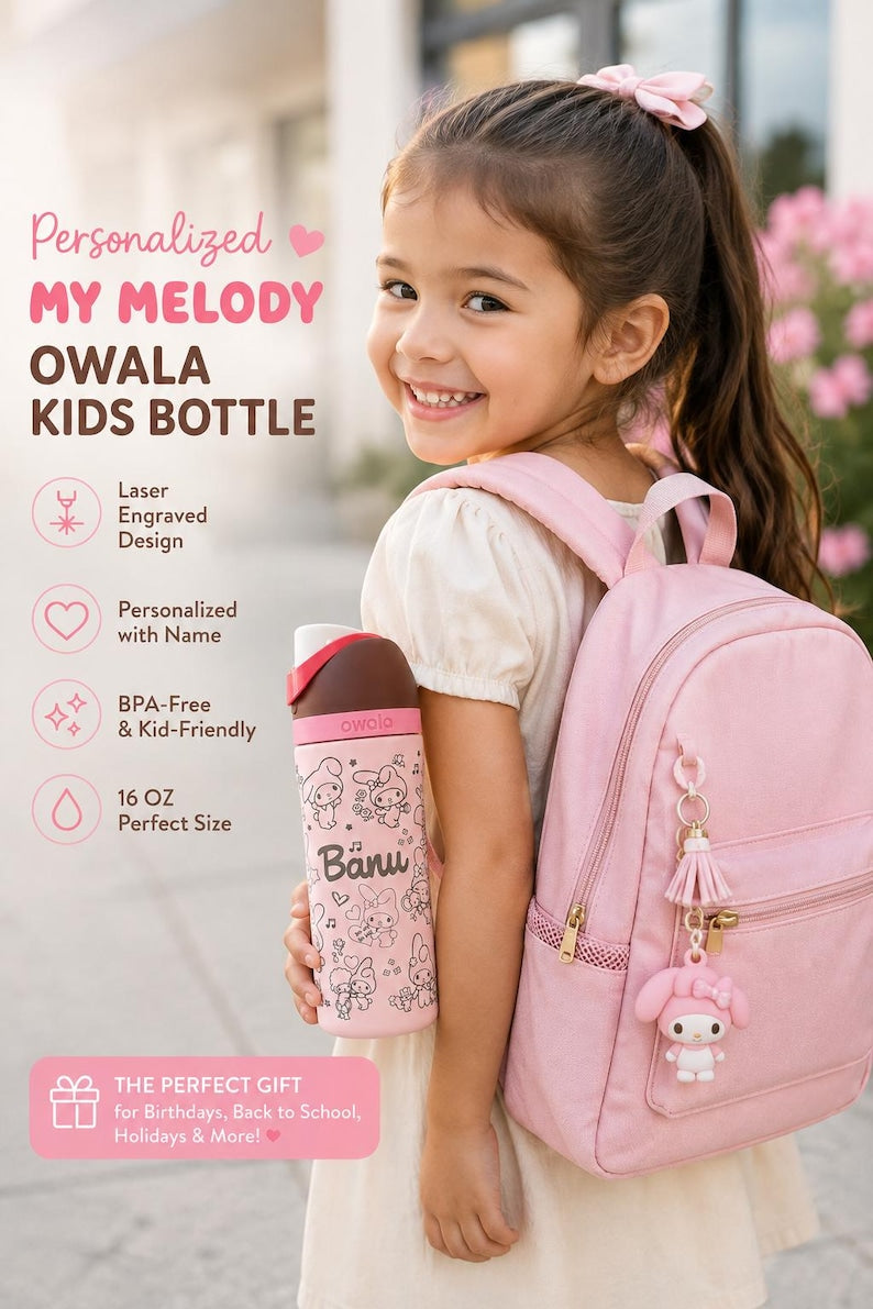 Personalized My Melody Owala Kids Bottle 16 oz | Engraved Owala Water Bottle | Custom Name Bottle | Back to School Gift for Girls
