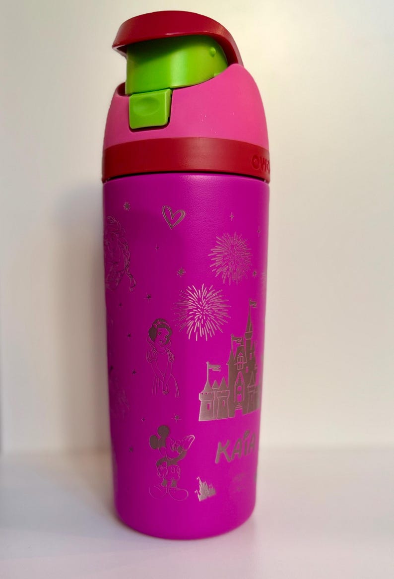 Personalized Engraved Kids Water Bottle 16oz | Custom Name Magical Castle & Fireworks | Princess Character Laser Engraved Bottle