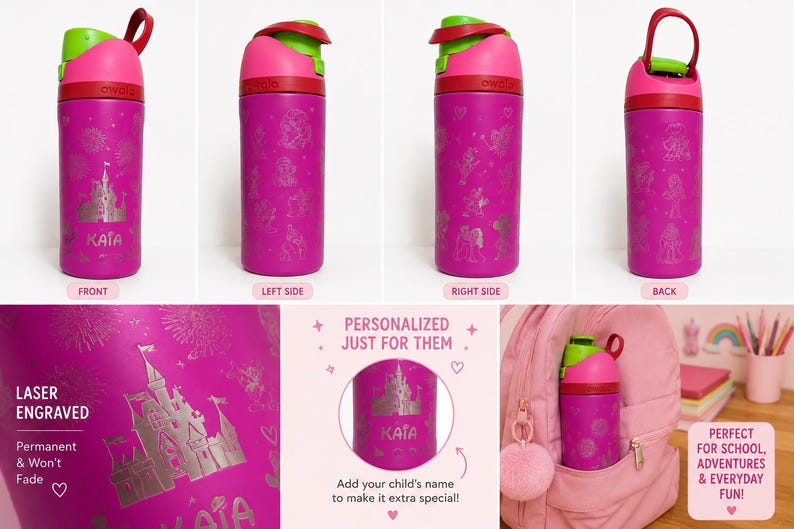 Personalized Engraved Kids Water Bottle 16oz | Custom Name Magical Castle & Fireworks | Princess Character Laser Engraved Bottle