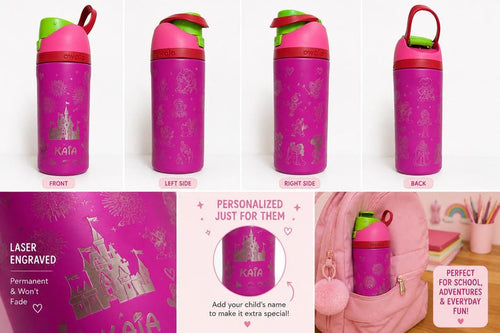 Personalized Engraved Kids Water Bottle 16oz | Custom Name Magical Castle & Fireworks | Princess Character Laser Engraved Bottle