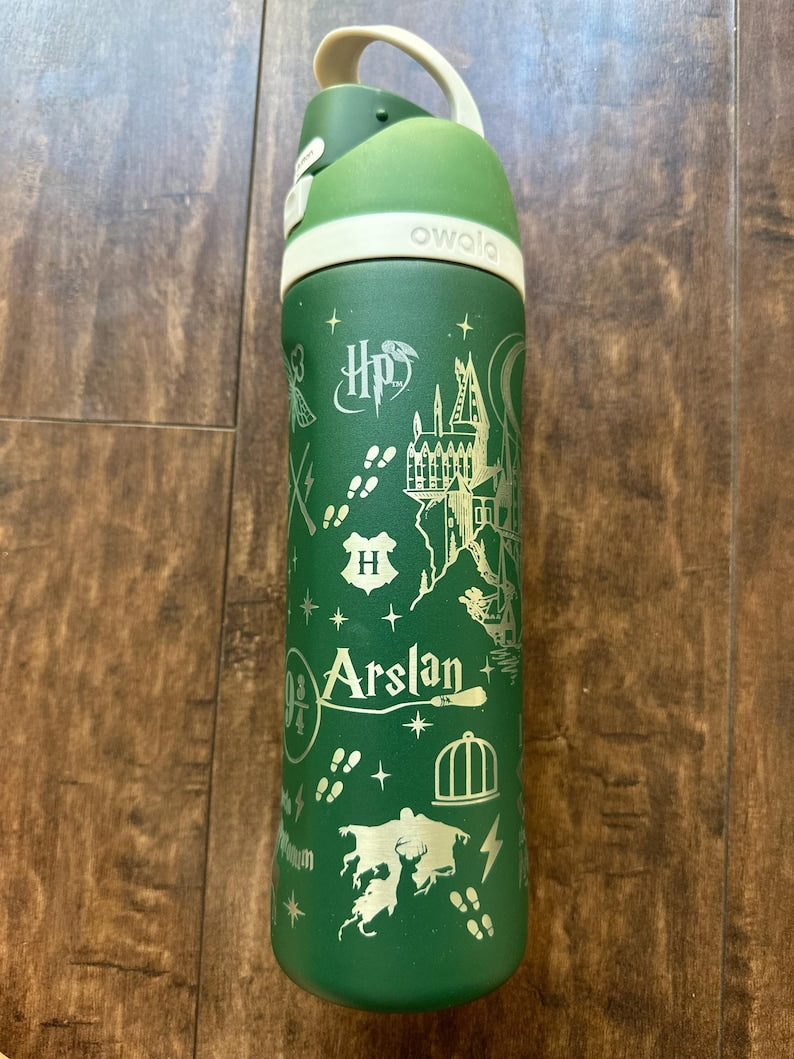 Personalized Slytherin Owala Water Bottle | Full Wrap Laser Engraved Harry Potter Bottle | Custom Name Hogwarts House Gift