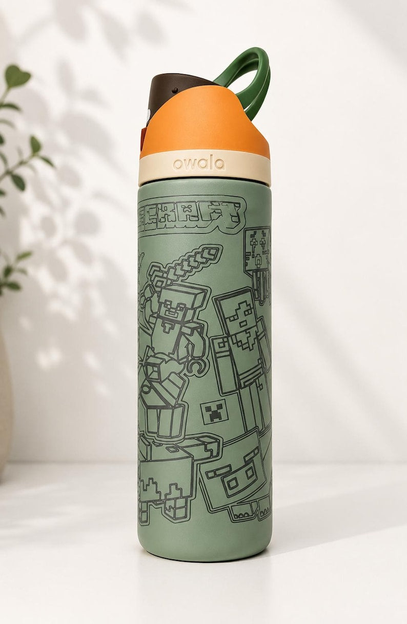 Personalized Pixel Adventure Laser Engraved Owala Water Bottle | Custom Name | Kids School Bottle