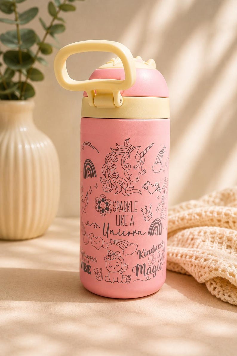 Personalized Unicorn Ello Kids Water Bottle, Custom Name Engraved Tumbler