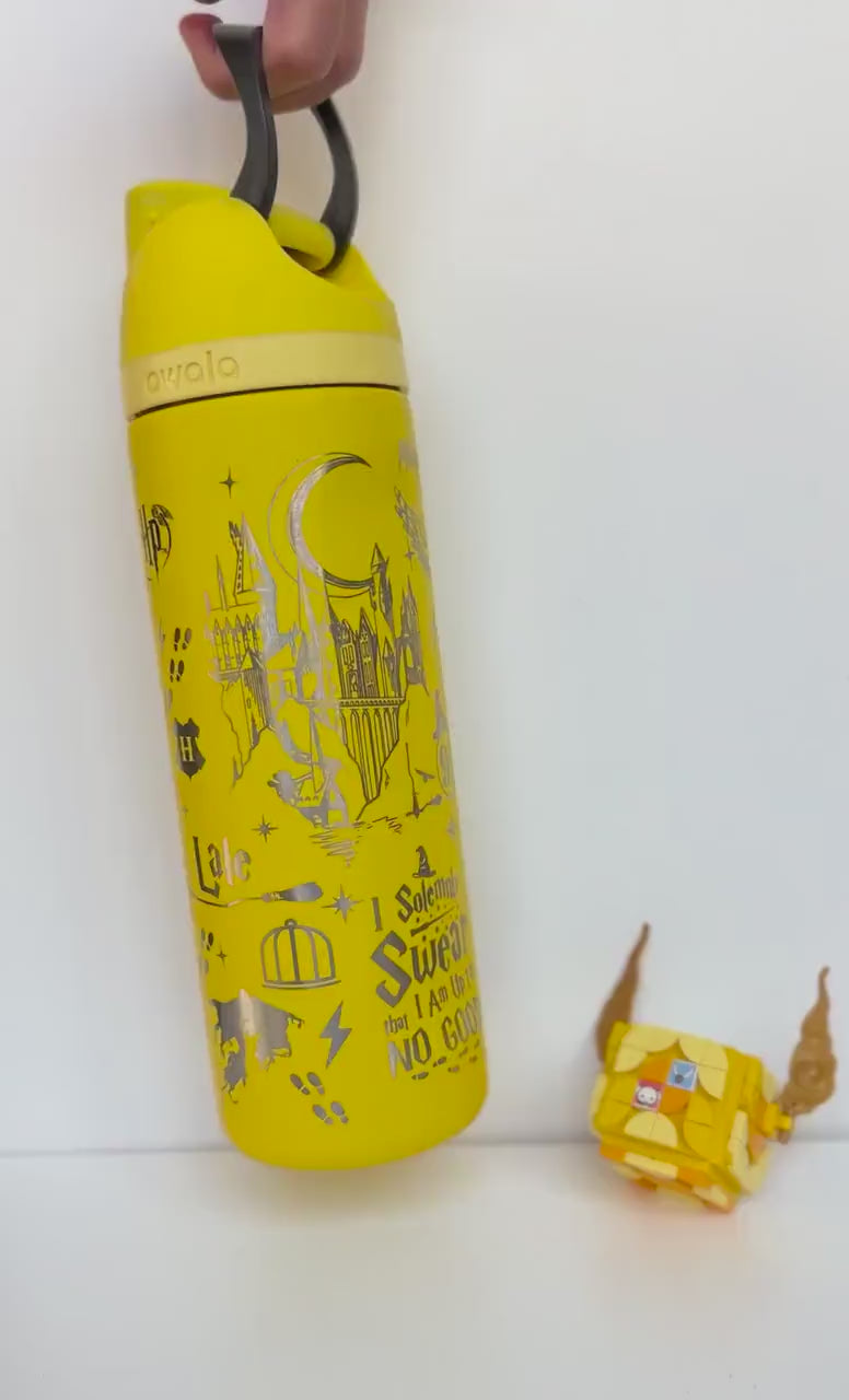 Personalized Yellow & Black Wizard House Water Bottle | Full Wrap Laser Engraved Badger Design | Custom Name School House GiftPersonalized Hufflepuff Owala Water Bottle | Full Wrap Laser Engraved Harry Potter Bottle | Custom Name Hogwarts House Gift